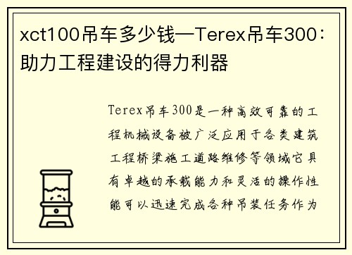 xct100吊车多少钱—Terex吊车300：助力工程建设的得力利器