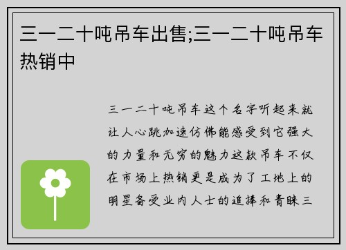 三一二十吨吊车出售;三一二十吨吊车热销中