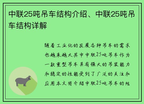 中联25吨吊车结构介绍、中联25吨吊车结构详解