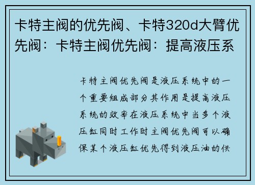 卡特主阀的优先阀、卡特320d大臂优先阀：卡特主阀优先阀：提高液压系统效率的关键之一