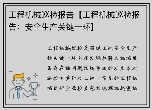 工程机械巡检报告【工程机械巡检报告：安全生产关键一环】